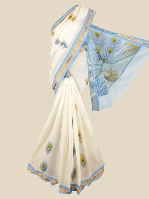 

Pothys Cream-Coloured & Blue Ethnic Motifs Printed Zari Pure Cotton Saree