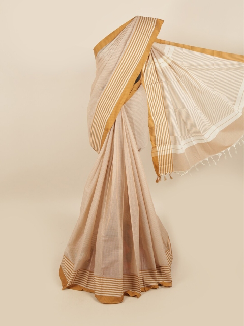 

Pothys Cream-Coloured & Mustard Striped Pure Cotton Saree