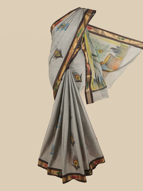

Pothys Grey & Brown Ethnic Motifs Printed Pure Cotton Saree