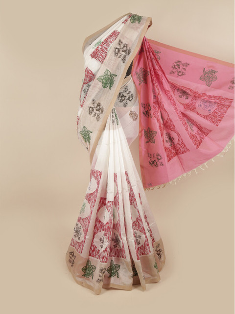 

Pothys Cream-Coloured & Pink Floral Printed Pure Cotton Saree