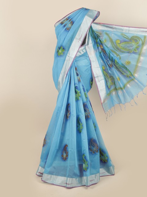

Pothys Blue & Green Floral Printed Zari Pure Cotton Saree