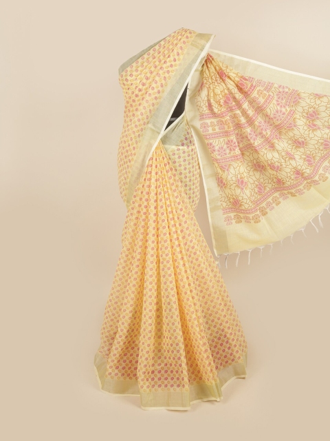 

Pothys Yellow & Pink Floral Printed Linen Blend Saree