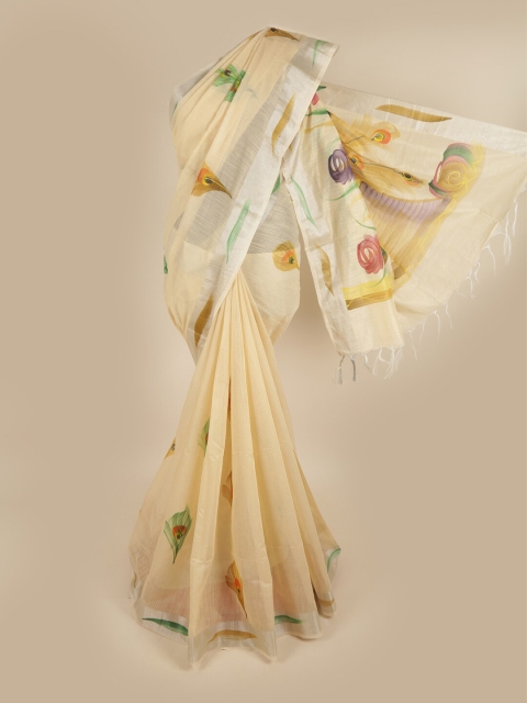 

Pothys Cream-Coloured & Green Printed Pure Cotton Saree