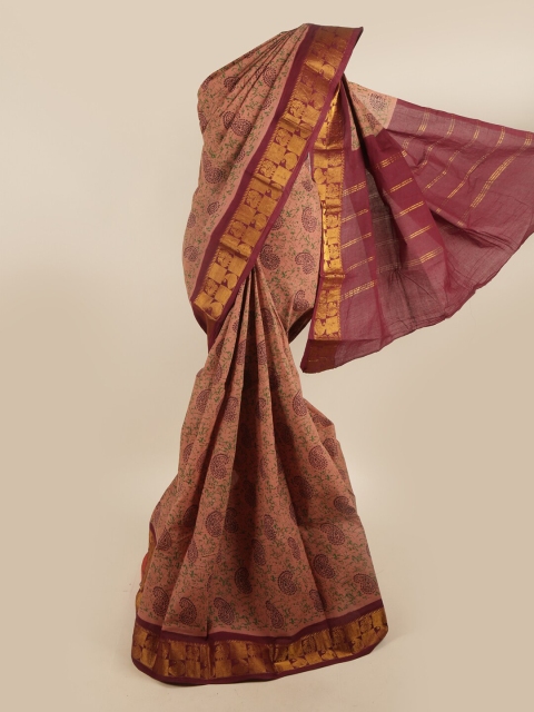 

Pothys Brown & Green Paisley Printed Zari Pure Cotton Saree