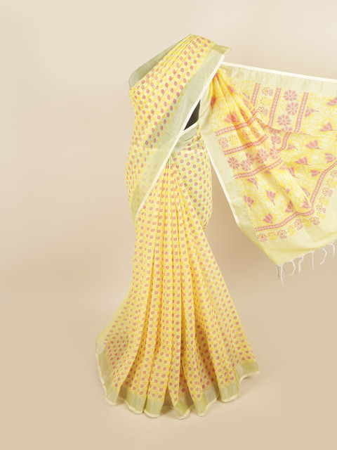 

Pothys Yellow & Pink Floral Printed Linen Blend Saree