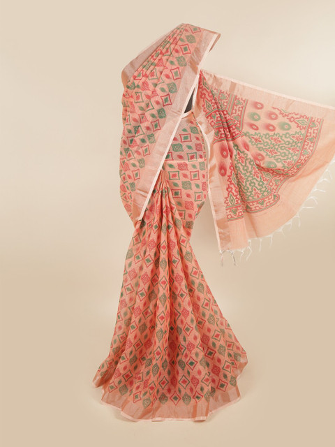 

Pothys Peach-Coloured & Red Ethnic Motifs Zari Linen Blend Saree