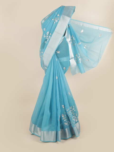 

Pothys Blue & Silver-Toned Floral Printed Saree