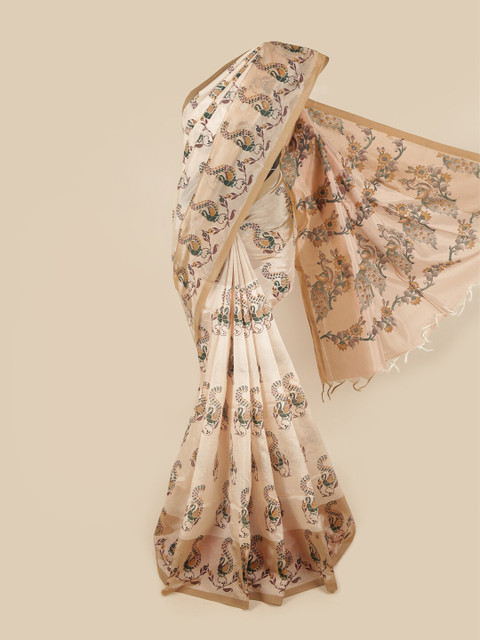 

Pothys Cream-Coloured & Green Ethnic Motifs Printed Pure Cotton Saree