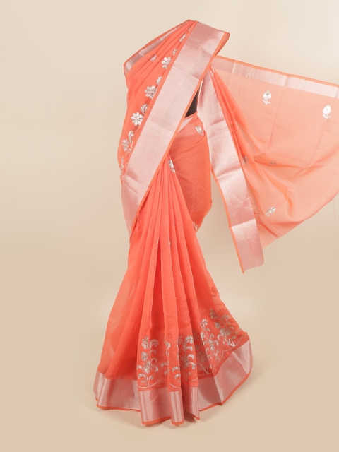 

Pothys Peach-Coloured & Silver-Toned Floral Printed Zari Saree