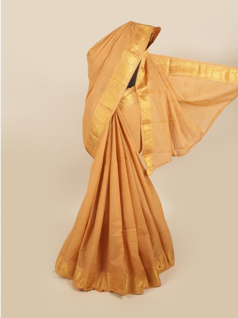 

Pothys Peach-Coloured & Gold-Toned Checked Pure Cotton Saree