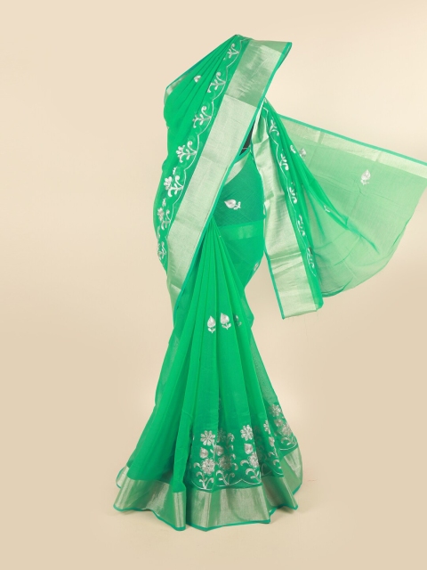 

Pothys Green & Silver-Toned Floral Embroidered Saree