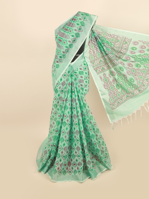 

Pothys Green & Pink Printed Zari Linen Blend Saree