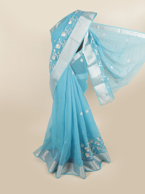 

Pothys Blue & Silver-Toned Floral Printed Saree