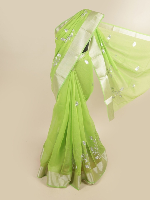 

Pothys Green & Silver-Toned Ethnic Motifs Printed Saree
