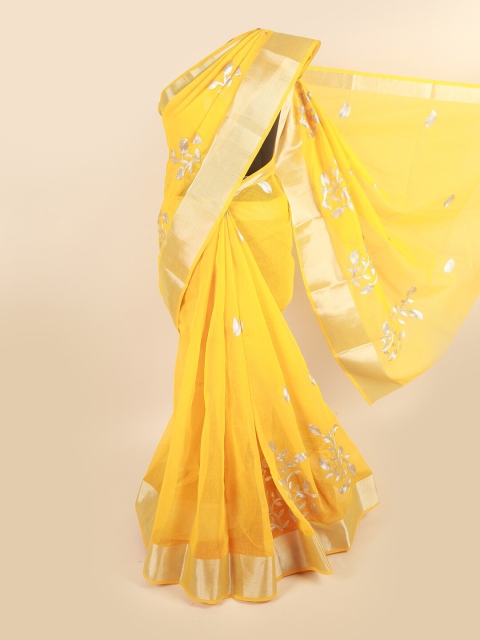 

Pothys Yellow & Gold-Toned Ethnic Motifs Printed Zari Saree