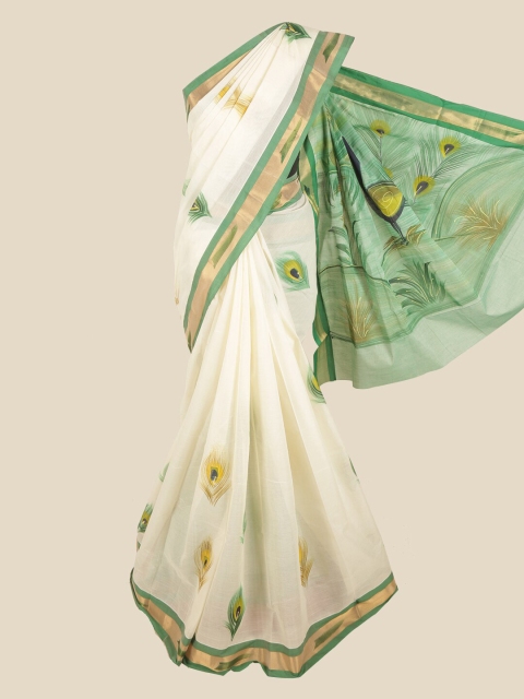 

Pothys Cream-Coloured & Green Printed Pure Cotton Saree