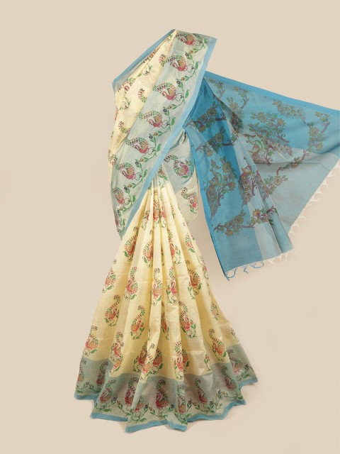 

Pothys Cream-Coloured & Blue Ethnic Motifs Printed Pure Cotton Saree