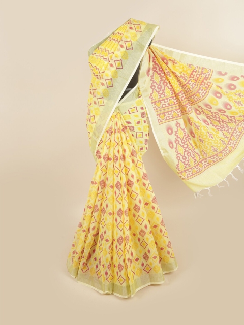 

Pothys Yellow & Red Ethnic Motifs Printed Zari Linen Blend Saree