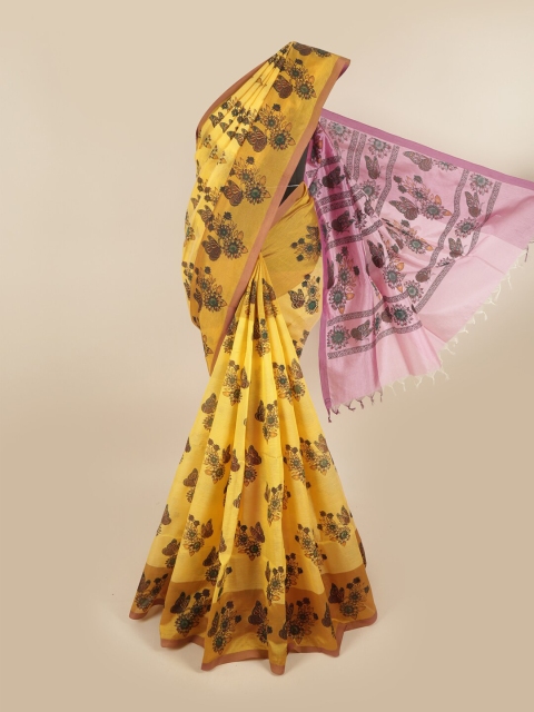 

Pothys Yellow & Pink Floral Printed Pure Cotton Saree