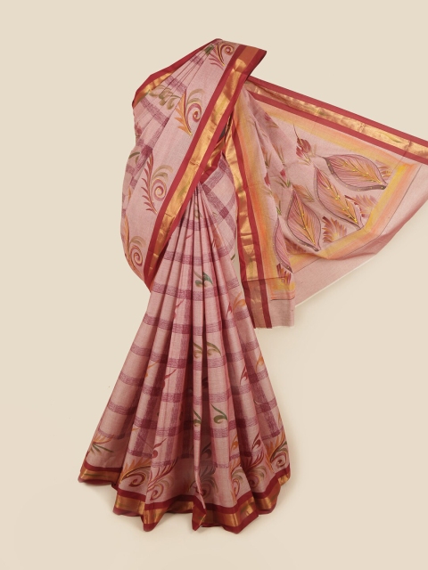 

Pothys Mauve & Red Ethnic Motifs Printed Zari Pure Cotton Saree
