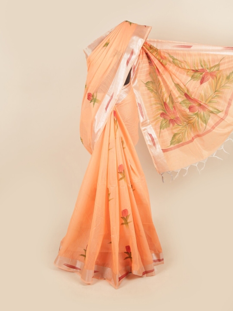 

Pothys Peach-Coloured & Green Floral Printed Pure Cotton Saree