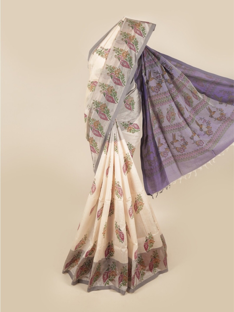 

Pothys Cream-Coloured & Violet Ethnic Motifs Printed Pure Cotton Saree