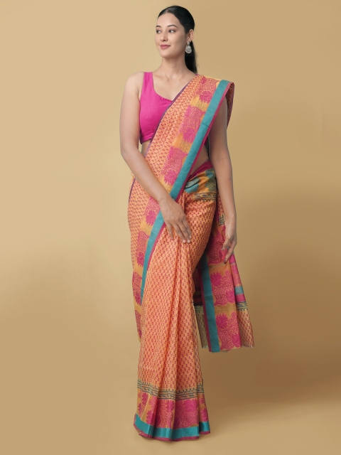 

Unnati Silks Orange & Pink Block Printed Supernet Patola Saree