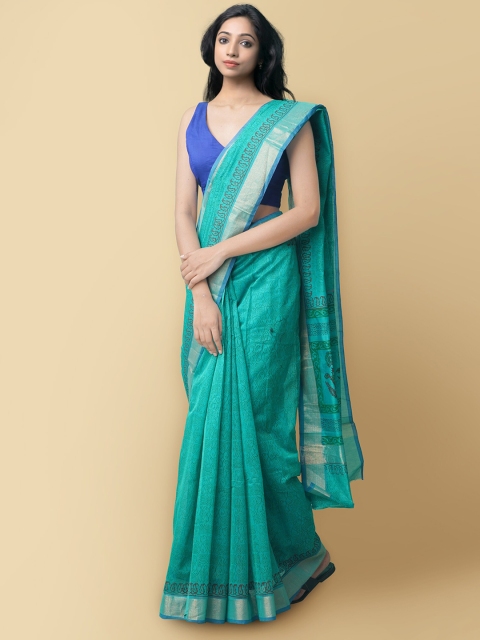 

Unnati Silks Women Green Block Printed Chanderi Sico Saree