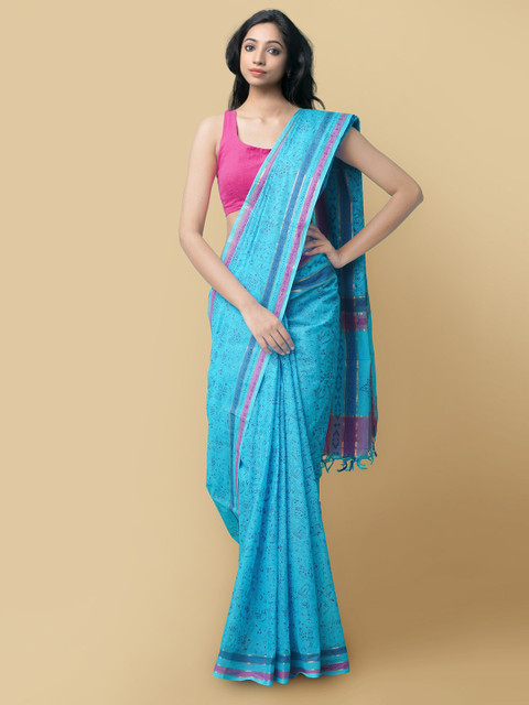

Unnati Silks Women Blue & Pink Pure Block Printed Mangalagiri Cotton Sustainable Saree