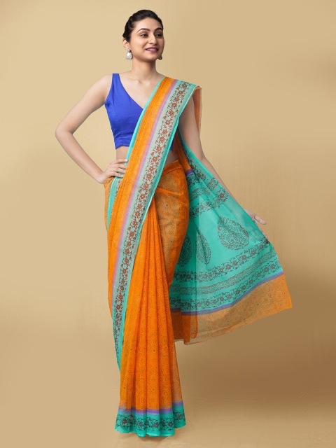 

Unnati Silks Orange & Green Ethnic Motifs Block Printed Kota Cotton Saree