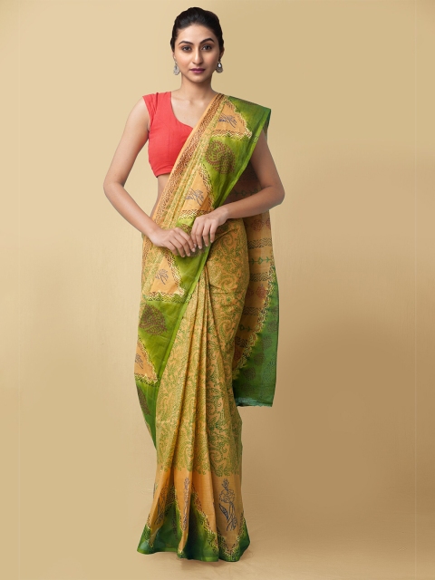 

Unnati Silks Brown & Green Hand Block Printed Kota Saree