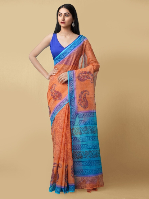 

Unnati Silks Red & Blue Paisley Block Printed Kota Saree