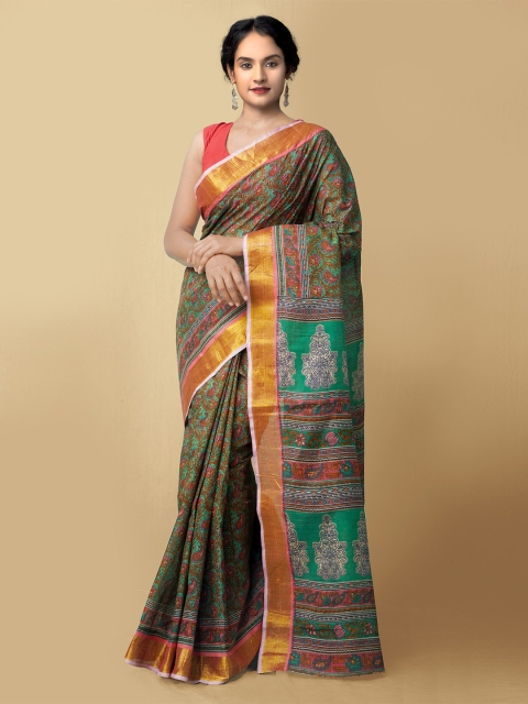 

Unnati Silks Green & Red Ethnic Motifs Cotton Blend Block Printed Saree