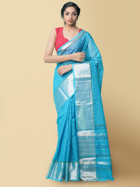 

Unnati Silks Blue Pure Cotton Floral Block Printed Mangalagiri Saree