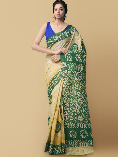 

Unnati Silks Women Brown & Green Batik Cotton Saree