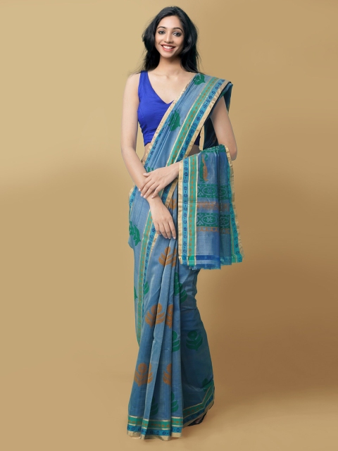 

Unnati Silks Blue & Green Floral Block Printed Chanderi Silk Cotton Saree