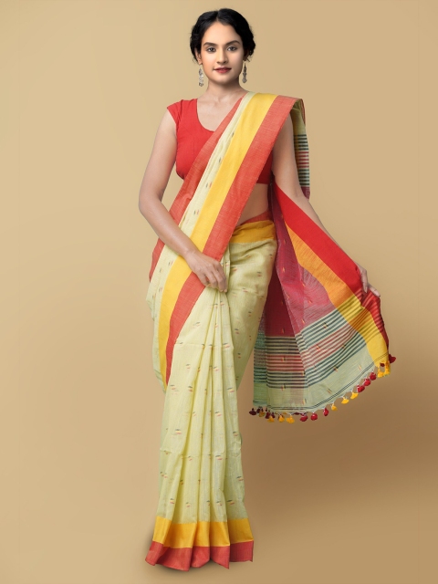 

Unnati Silks Green & Red Woven Design Pure Linen Jamdani Saree