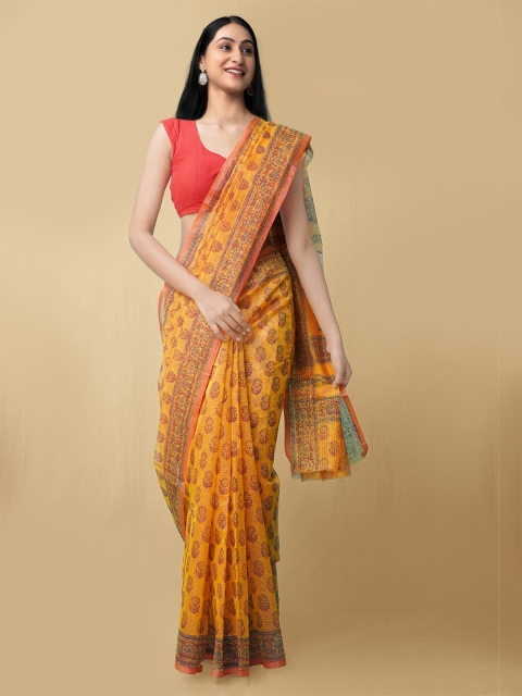 

Unnati Silks Women Orange & Red Block Printed Supernet Saree