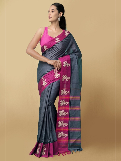 

Unnati Silks Grey & Pink Woven Designed Pure Handloom Kanjeevaram Cotton Saree