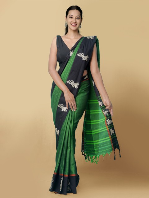 

Unnati Silks Women Green & Black Pure Handloom Kanchi Cotton Sustainable Saree