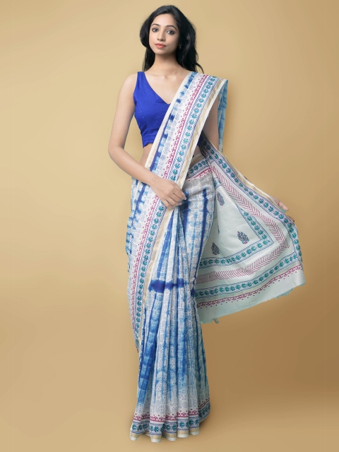 

Unnati Silks Cream-Coloured & Blue Ethnic Motif Printed Shibori Chanderi Silk Cotton Saree