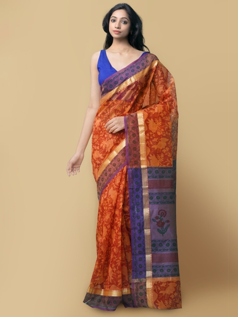 

Unnati Silks Red & Blue Floral Block Printed Supernet Saree