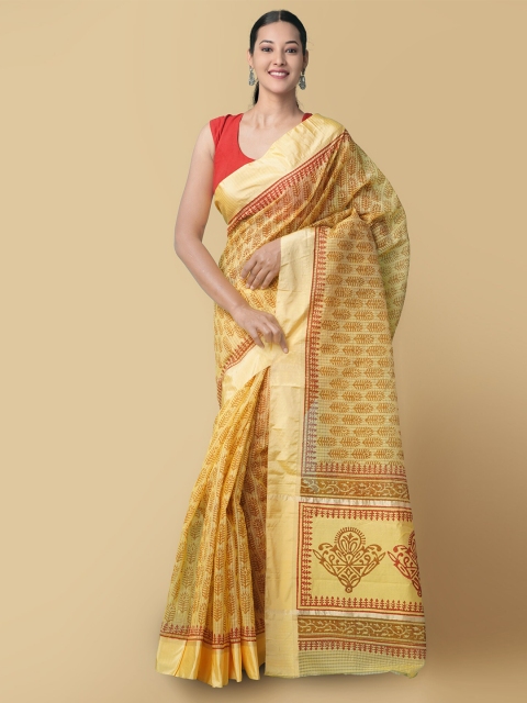 

Unnati Silks Women Yellow & Red Block Printed Supernet Saree