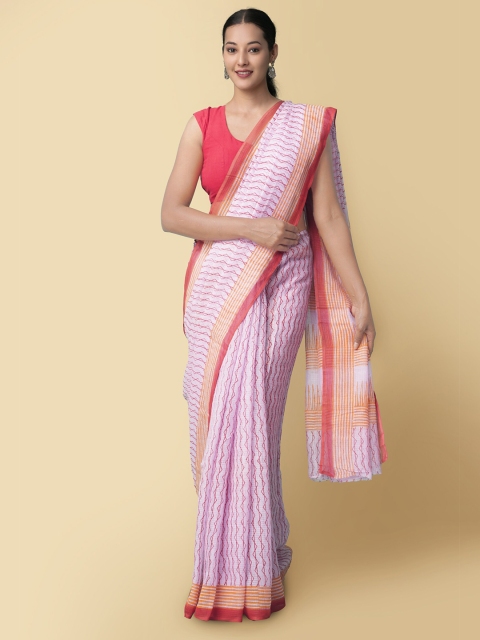 

Unnati Silks Pink & White Geometric Block Printed Kota Saree