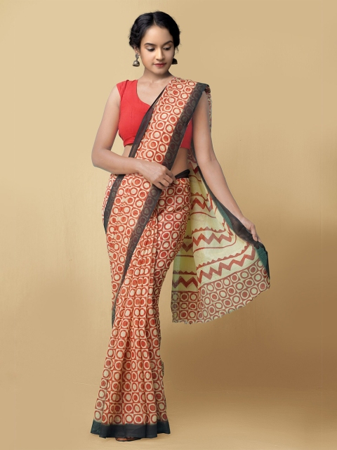 

Unnati Silks Yellow & Red Geometric Block Printed Kota Saree