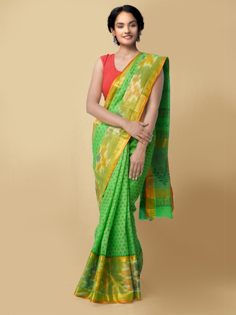 

Unnati Silks Women Green & Orange Hand Block Printed Chettinad Cotton Saree