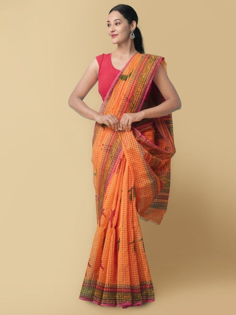 

Unnati Silks Red & Green Ethnic Motifs Block Printed Saree