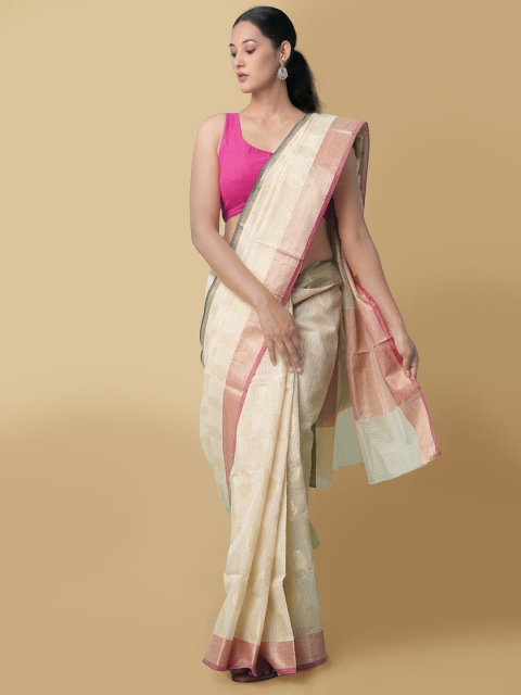 

Unnati Silks Cream-Coloured & Magenta Woven Design Zari Silk Cotton Kota Saree