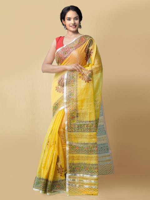

Unnati Silks Yellow & Green Woven Design Zari Silk Cotton Patola Saree