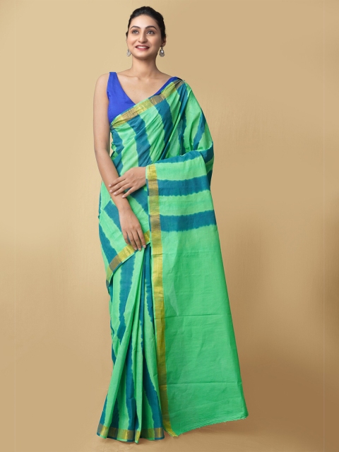 

Unnati Silks Green & Blue Woven Design Zari Leheriya Saree